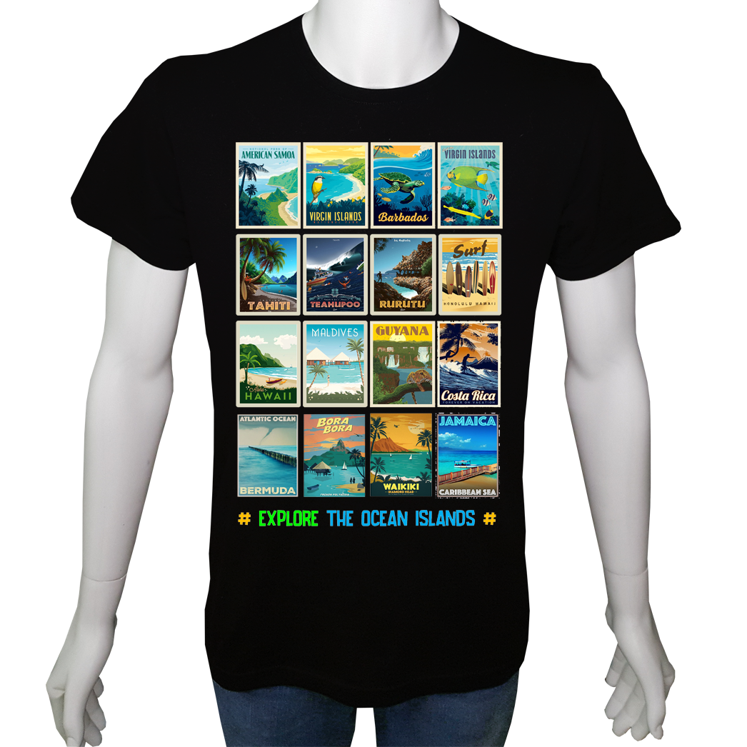 Regular Unisex T-shirt Siyah 'Ülke&Şehir / Okyanus Adaları2' Baskılı