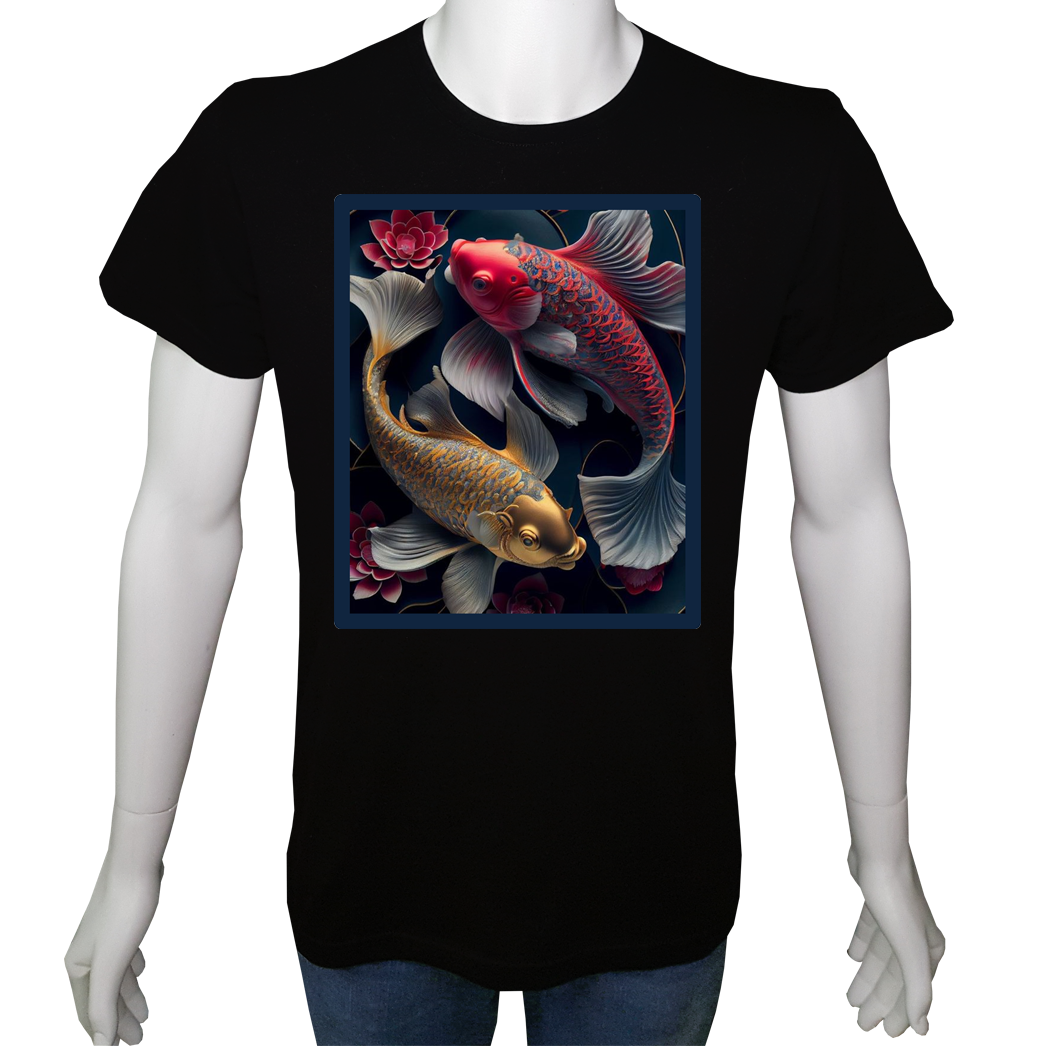 Unisex T-shirt Siyah 'Hayvanlar / Japon Koi Balığı2' Baskılı