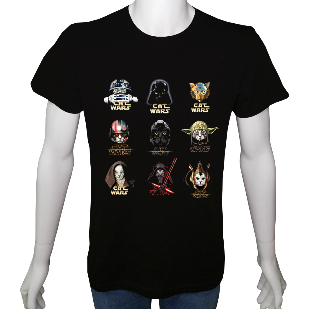 Unisex T-shirt Siyah 'Hayvanlar / StarWars Kedileri' Baskılı