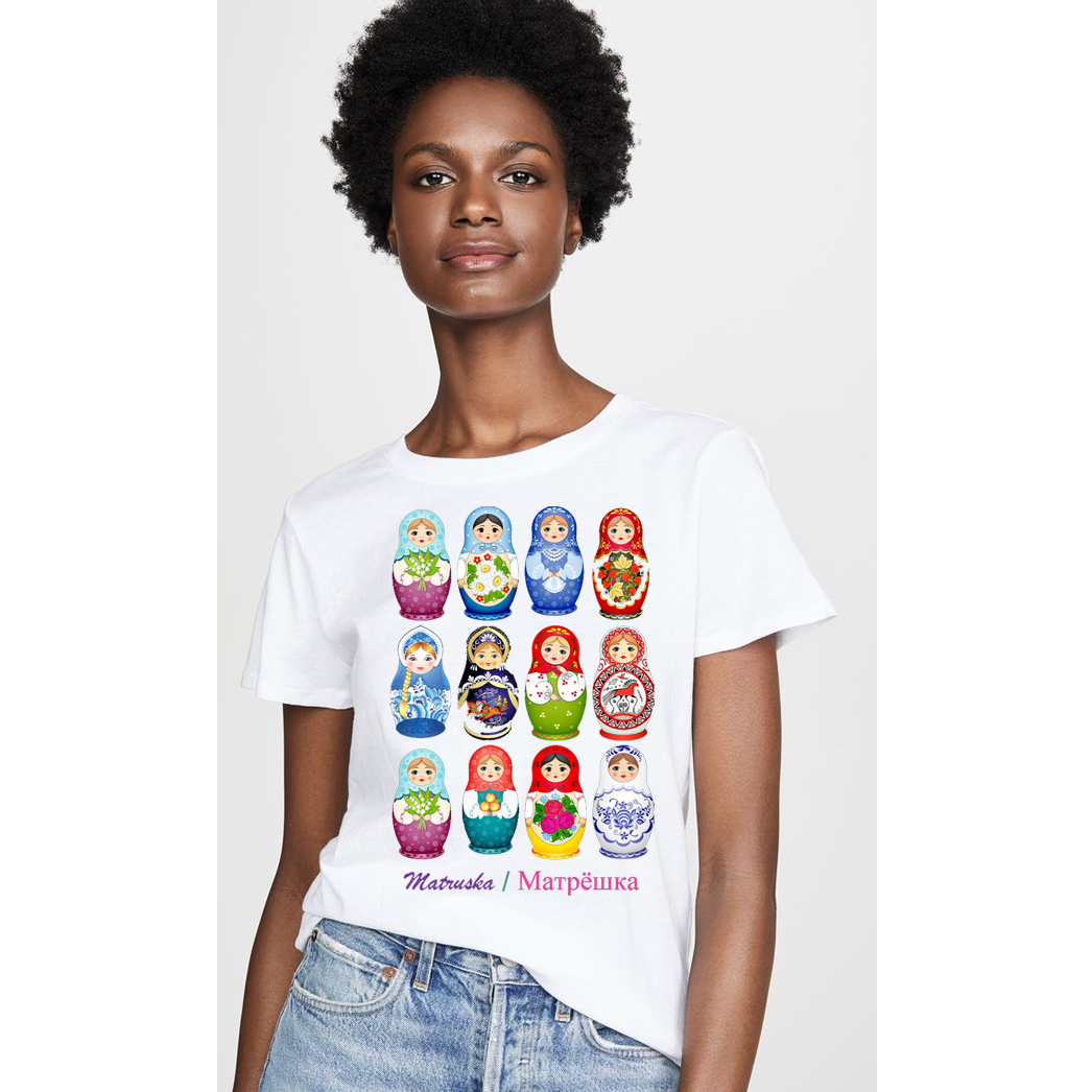 Kadın T-shirt Beyaz 'Matruşka1' Baskılı