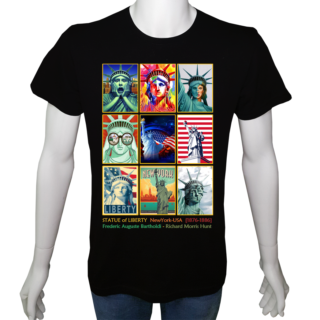 Regular Unisex T-shirt Siyah 'Ülke&Şehir / Özgürlük Heykeli' Baskılı