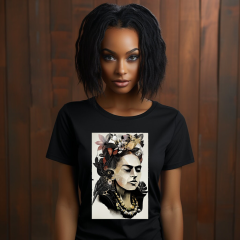 Kadın T-shirt Siyah 'FridaKahlo2' Baskılı