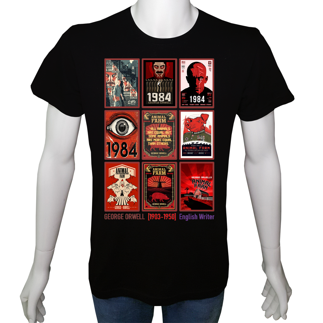 Unisex T-shirt Siyah 'UyandırmaServisi / GeorgeOrwell1' 2Baskılı