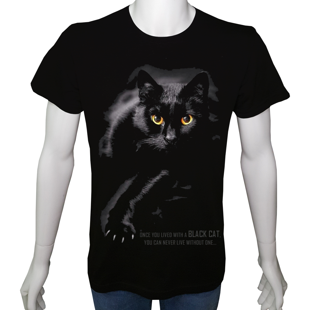 Unisex T-shirt Siyah 'Hayvanlar / Kedi5' Baskılı
