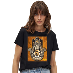 Kadın T-shirt Siyah 'Hamsa' Baskılı