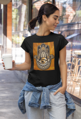 Kadın T-shirt Siyah 'Hamsa' Baskılı