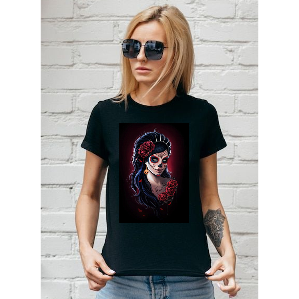 Kadın T-shirt Siyah 'Muertos' Baskılı