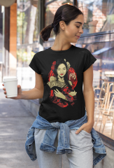 Kadın T-shirt Siyah 'JaponKadın3' Baskılı