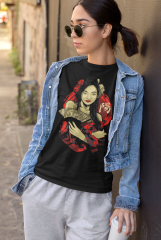 Kadın T-shirt Siyah 'JaponKadın3' Baskılı