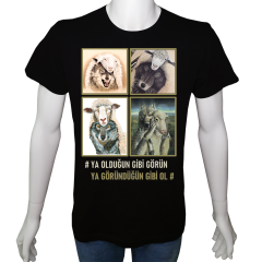 Unisex T-shirt Siyah 'UyandırmaServisi / KurtKuzu1' 2Baskılı