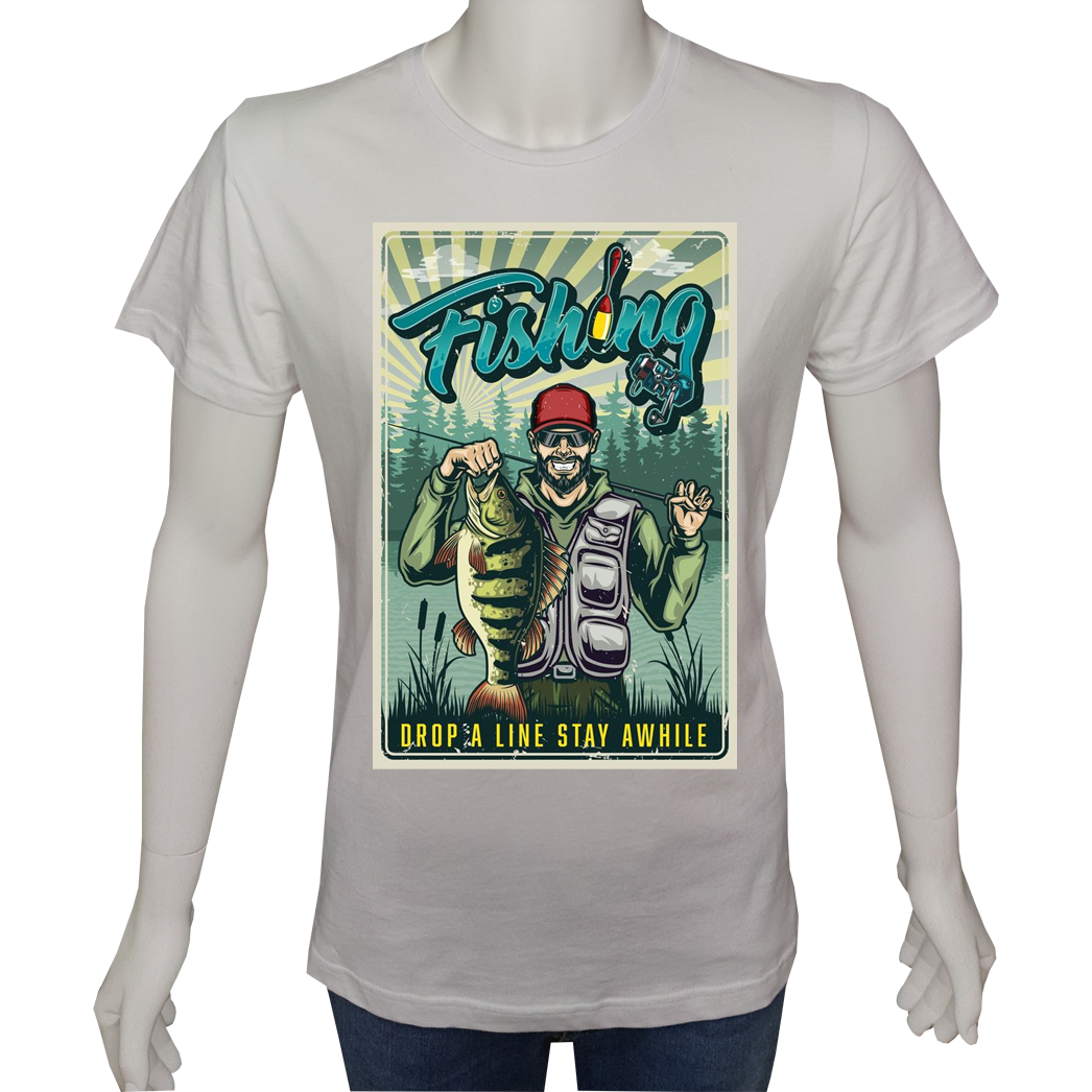 Unisex T-shirt Beyaz 'Kamp&Macera / Balıkçı1' Baskılı