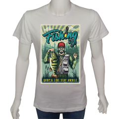 Unisex T-shirt Beyaz 'Kamp&Macera / Balıkçı1' Baskılı