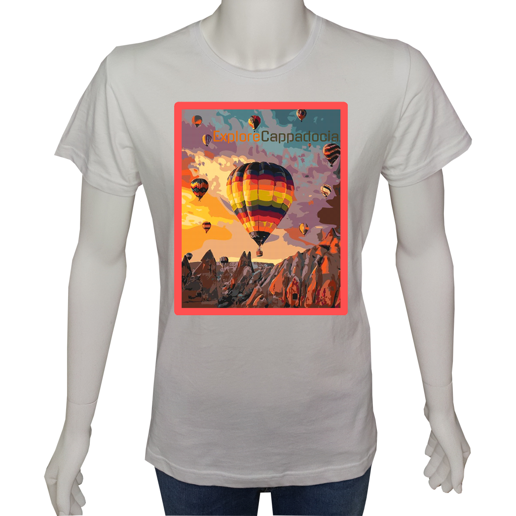Regular Unisex T-shirt Beyaz 'Ülke&Şehir / Sıcak Balon' Baskılı