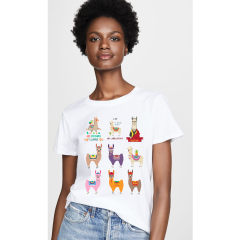 Kadın T-shirt Beyaz 'Lamalar' Baskılı