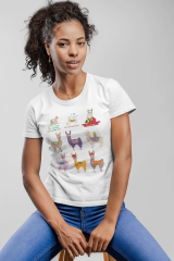 Kadın T-shirt Beyaz 'Lamalar' Baskılı