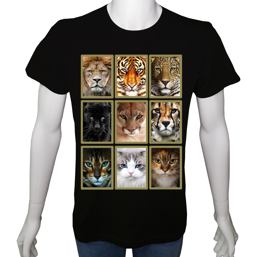 Unisex T-shirt Siyah 'Hayvanlar / Büyük Kediler1' Baskılı