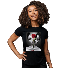 Kadın T-shirt Siyah 'Gül&Kadın' Baskılı