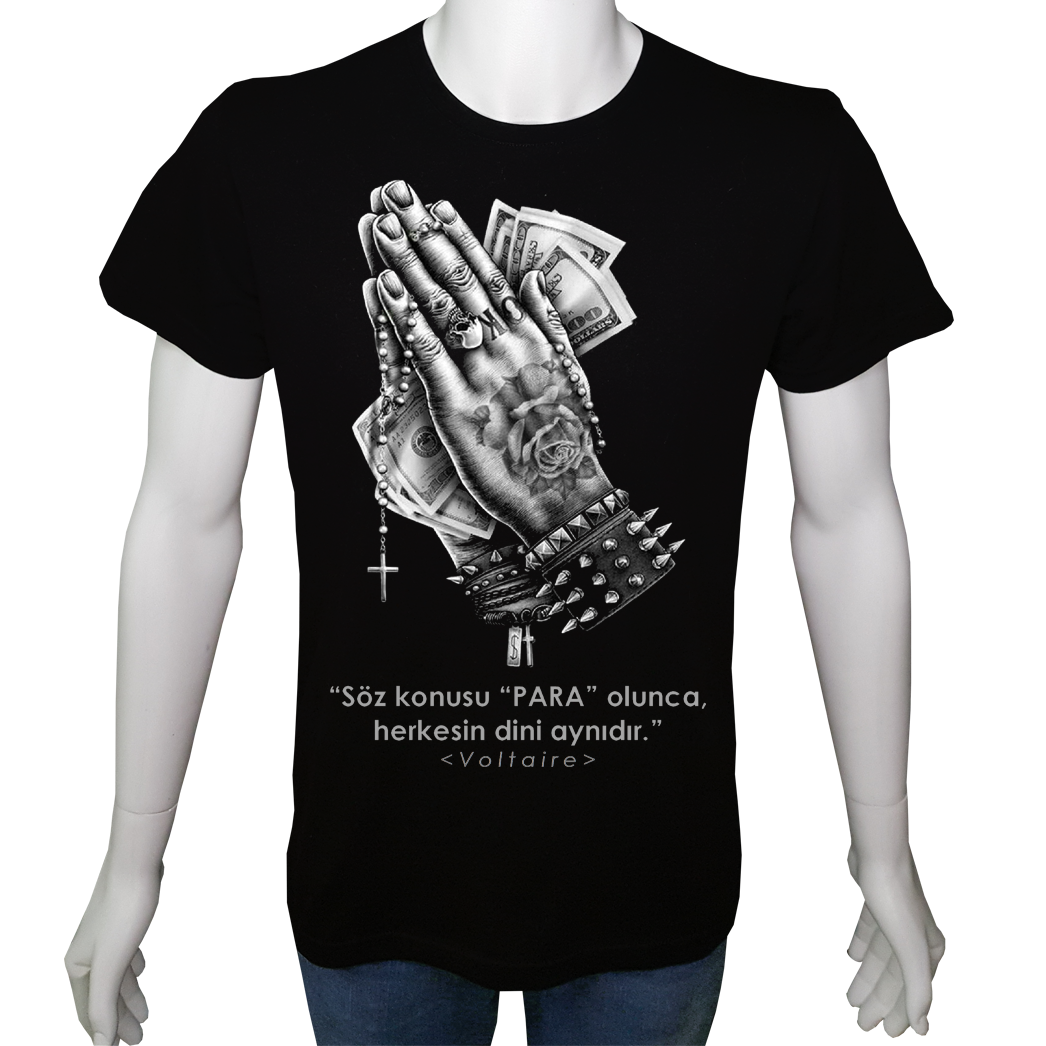 Unisex T-shirt Siyah 'UyandırmaServisi / Para&Din' Baskılı