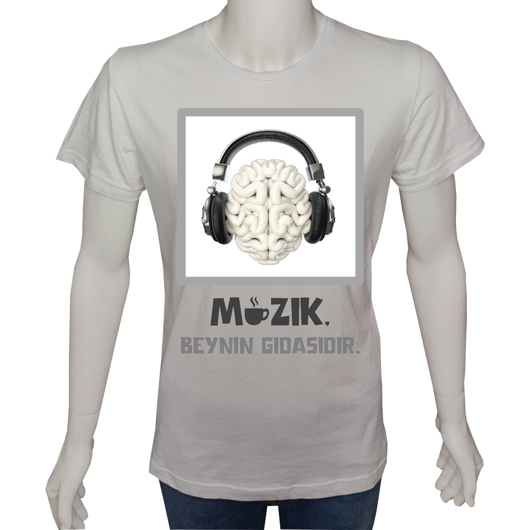 Regular Unisex T-shirt Beyaz 'Beyin Fırtınası / Müzik beynin gıdasıdır' Baskılı