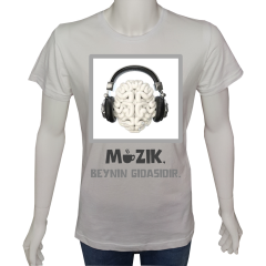 Regular Unisex T-shirt Beyaz 'Beyin Fırtınası / Müzik beynin gıdasıdır' Baskılı