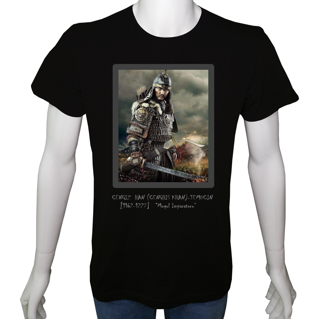 Unisex T-shirt Siyah 'Türk Dünyası / CengizHan2' Baskılı