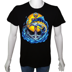 Unisex T-shirt Siyah 'Kamp&Macera / Okyanus1' Baskılı