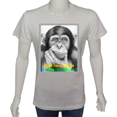 Regular Unisex T-shirt Beyaz 'Beyin Fırtınası / Maymun mu insan mı' Baskılı