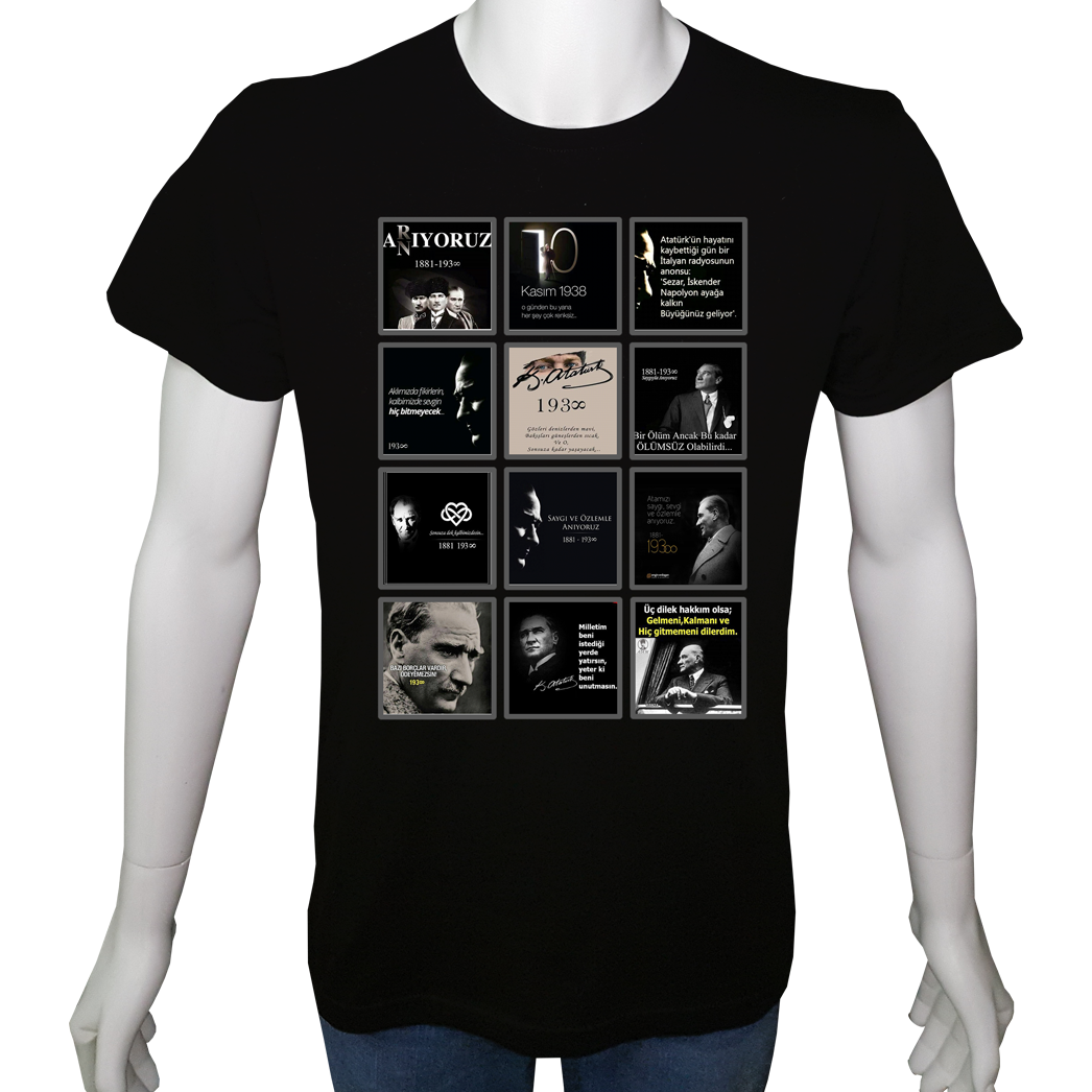 Unisex T-shirt Siyah 'Atatürk/10 Kasım' 2Baskılı