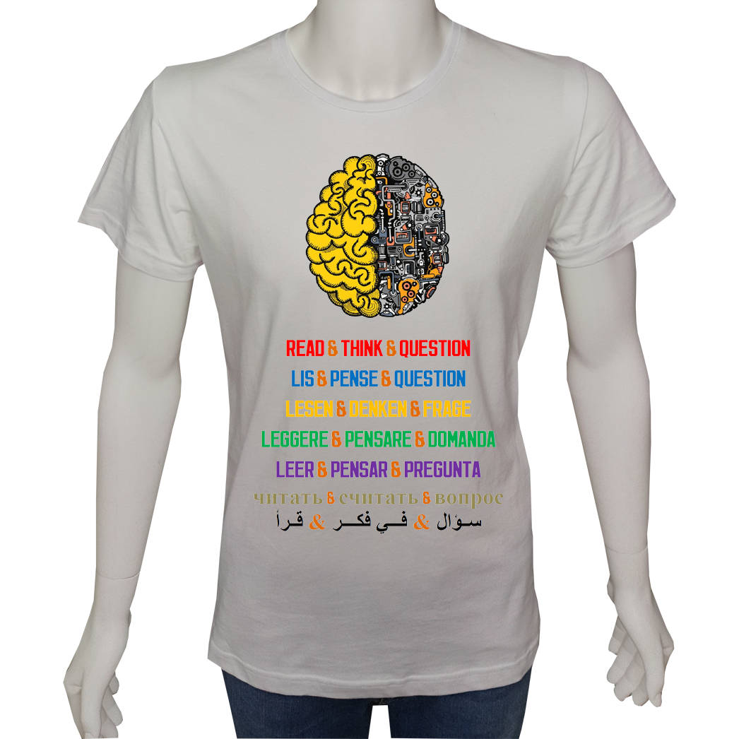 Regular Unisex T-shirt Beyaz 'Beyin Fırtınası / Oku Düşün Sorgula1' Baskılı