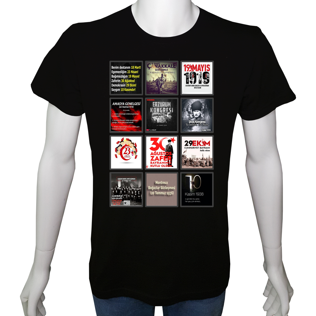 Unisex T-shirt Siyah 'Atatürk/İzindeyiz Atam' 2Baskılı