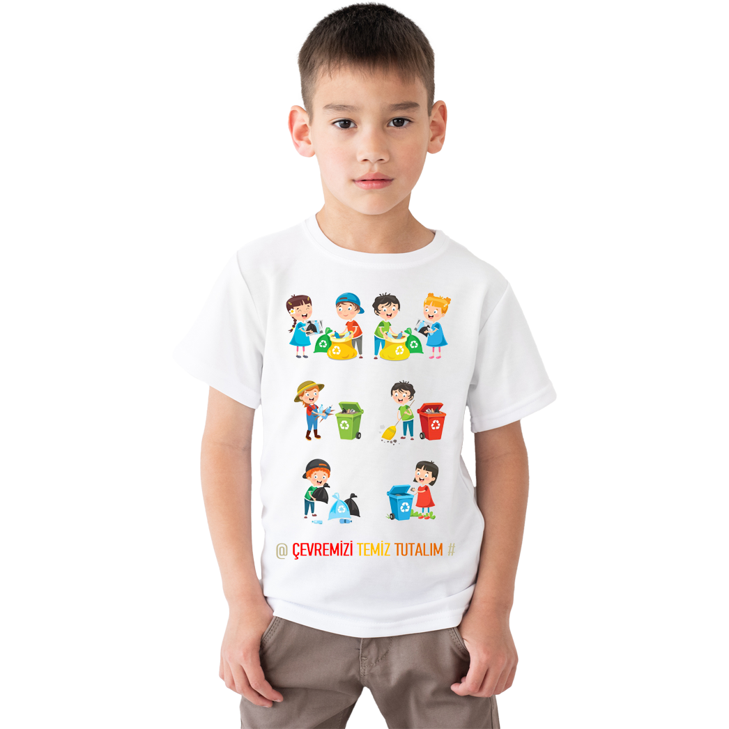 Çocuk T-shirt Beyaz 'Çevremizi temiz tutalım1' Baskılı