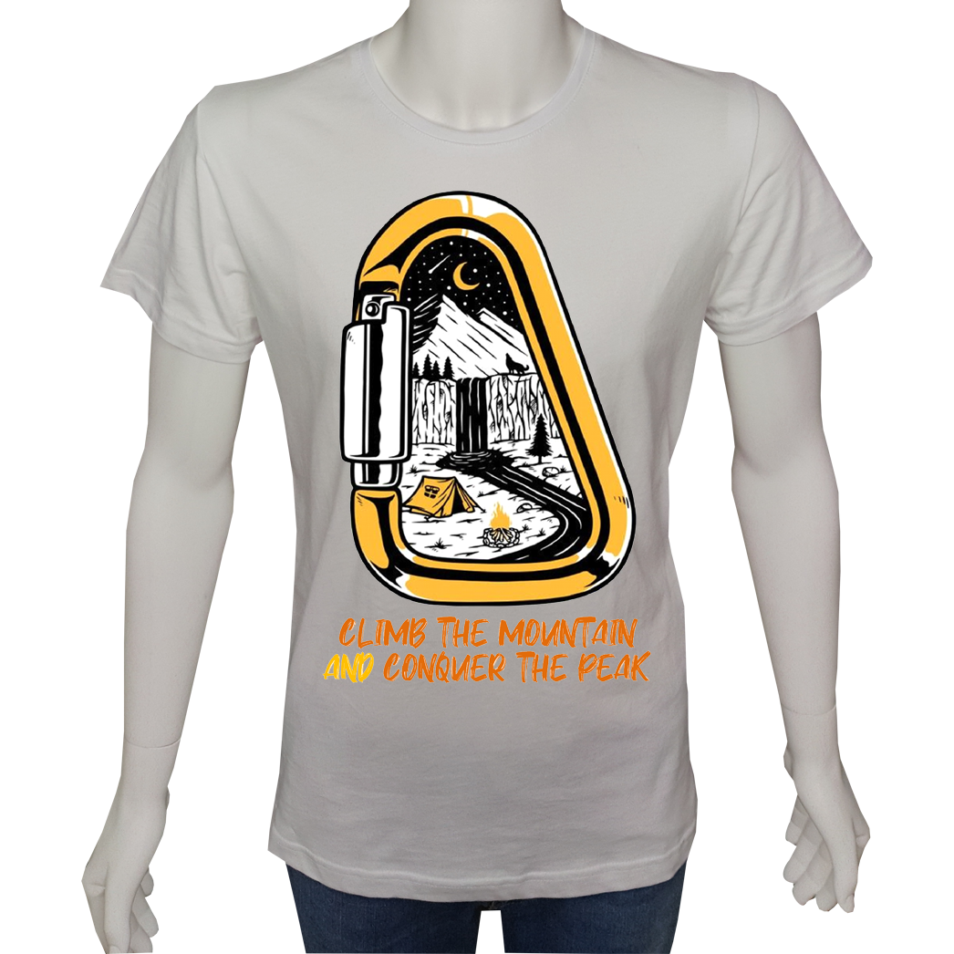 Unisex T-shirt Beyaz 'Kamp&Macera / Dağcı1' Baskılı