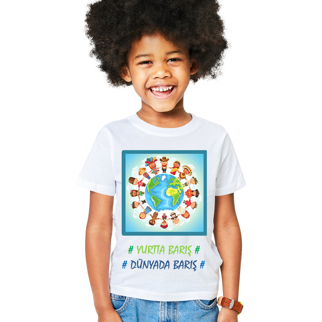 Çocuk T-shirt Beyaz 'Dünya Barışı1' Baskılı