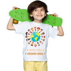 Çocuk T-shirt Beyaz 'Dünya Barışı2' Baskılı