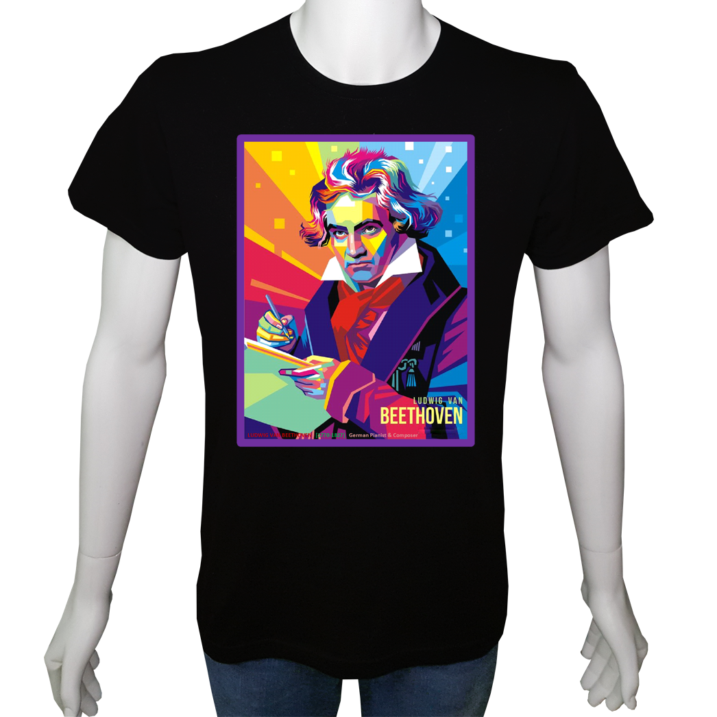 Unisex T-shirt Siyah 'Müzik/Beethoven1' Baskılı