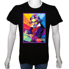 Unisex T-shirt Siyah 'Müzik/Beethoven1' Baskılı