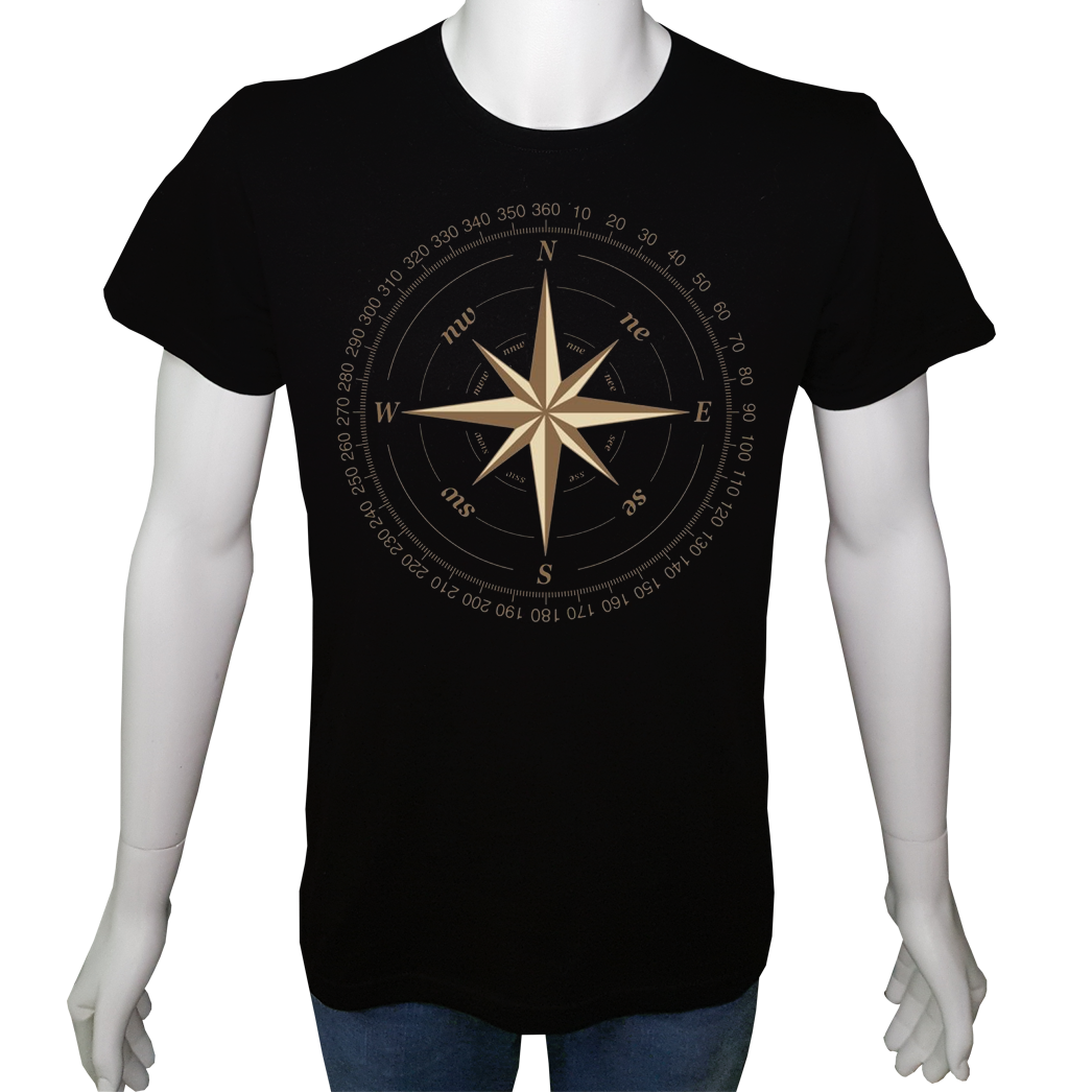 Unisex T-shirt Siyah 'Kamp&Macera / Pusula1' Baskılı