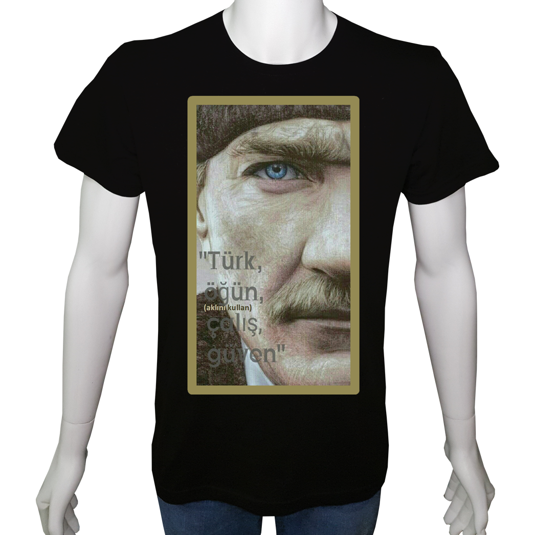 Unisex T-shirt Siyah 'Atatürk/TürkÖğünÇalışGüven' 2Baskılı