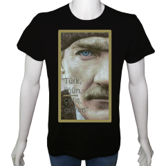 Unisex T-shirt Siyah 'Atatürk/TürkÖğünÇalışGüven' 2Baskılı