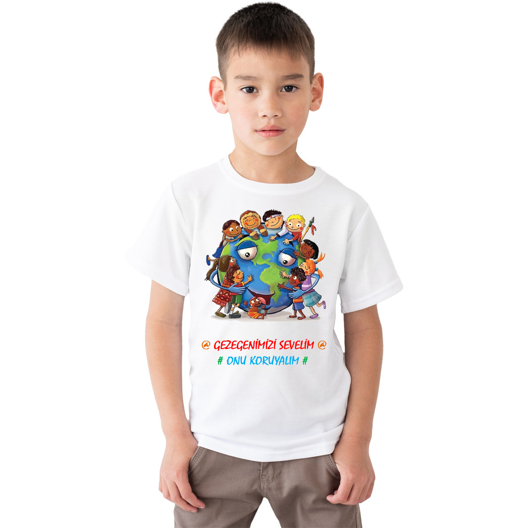 Çocuk T-shirt Beyaz 'Gezegenimizi koruyalım' Baskılı