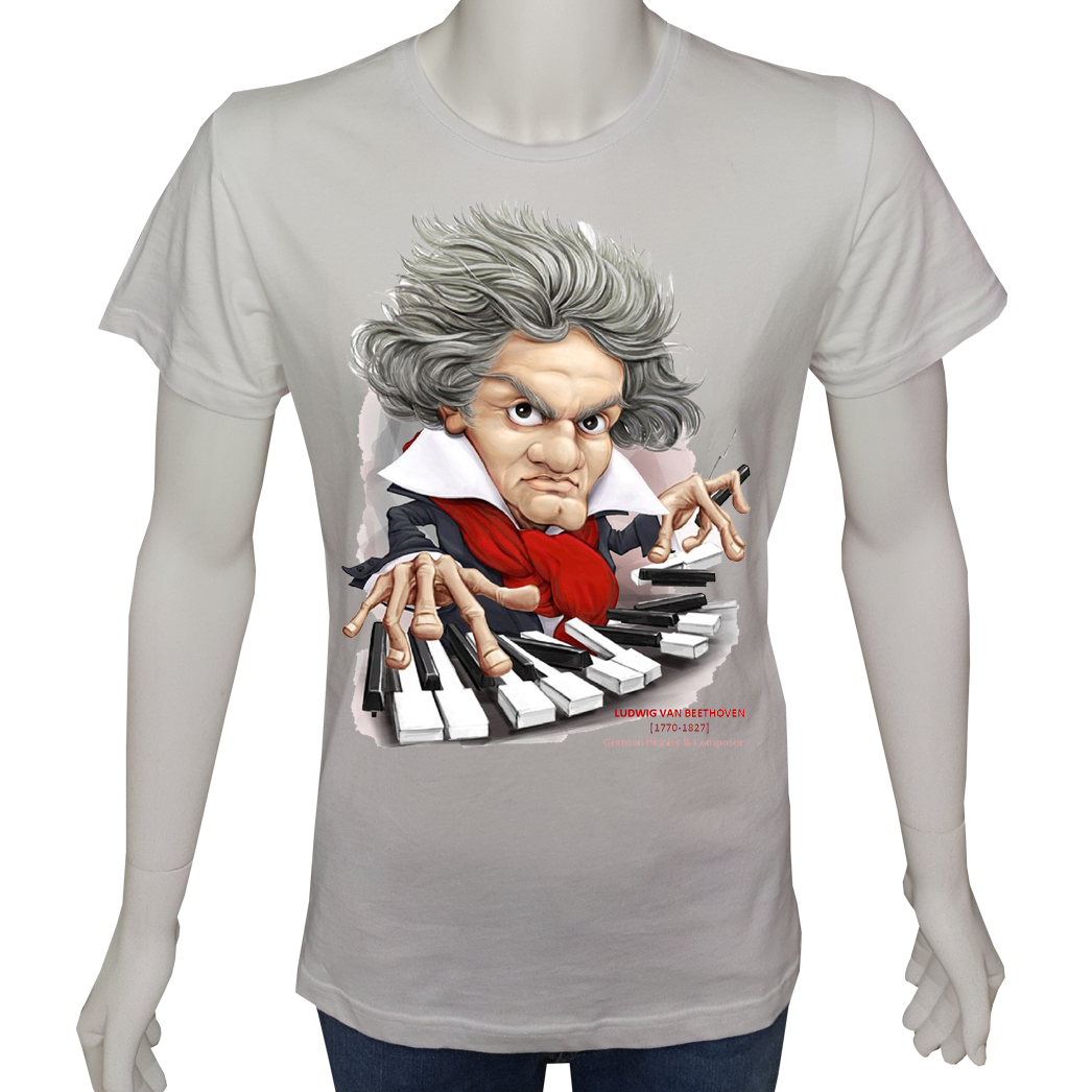 Unisex T-shirt Beyaz 'Müzik/Beethoven2' Baskılı