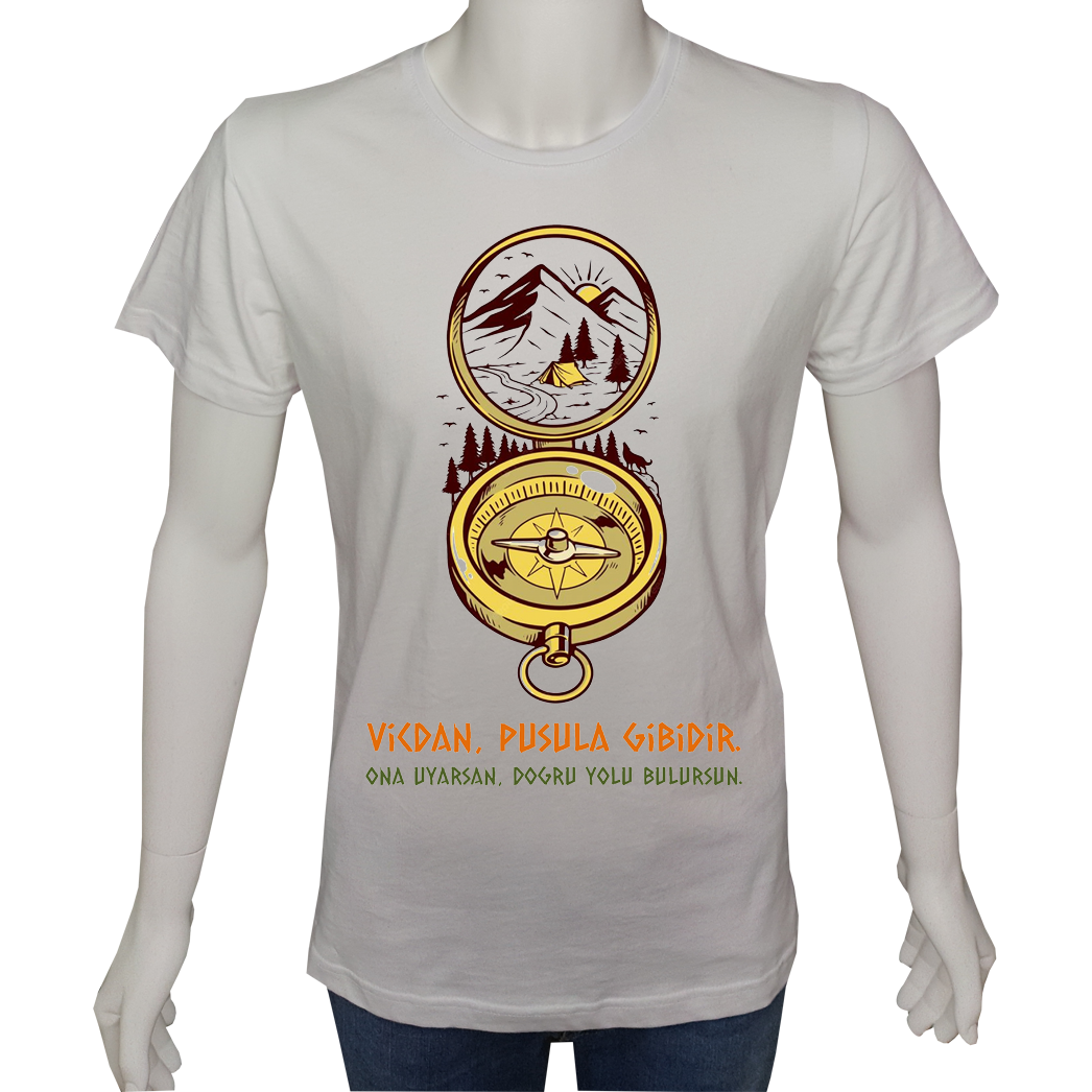 Unisex T-shirt Beyaz 'Kamp&Macera / Pusula2' Baskılı