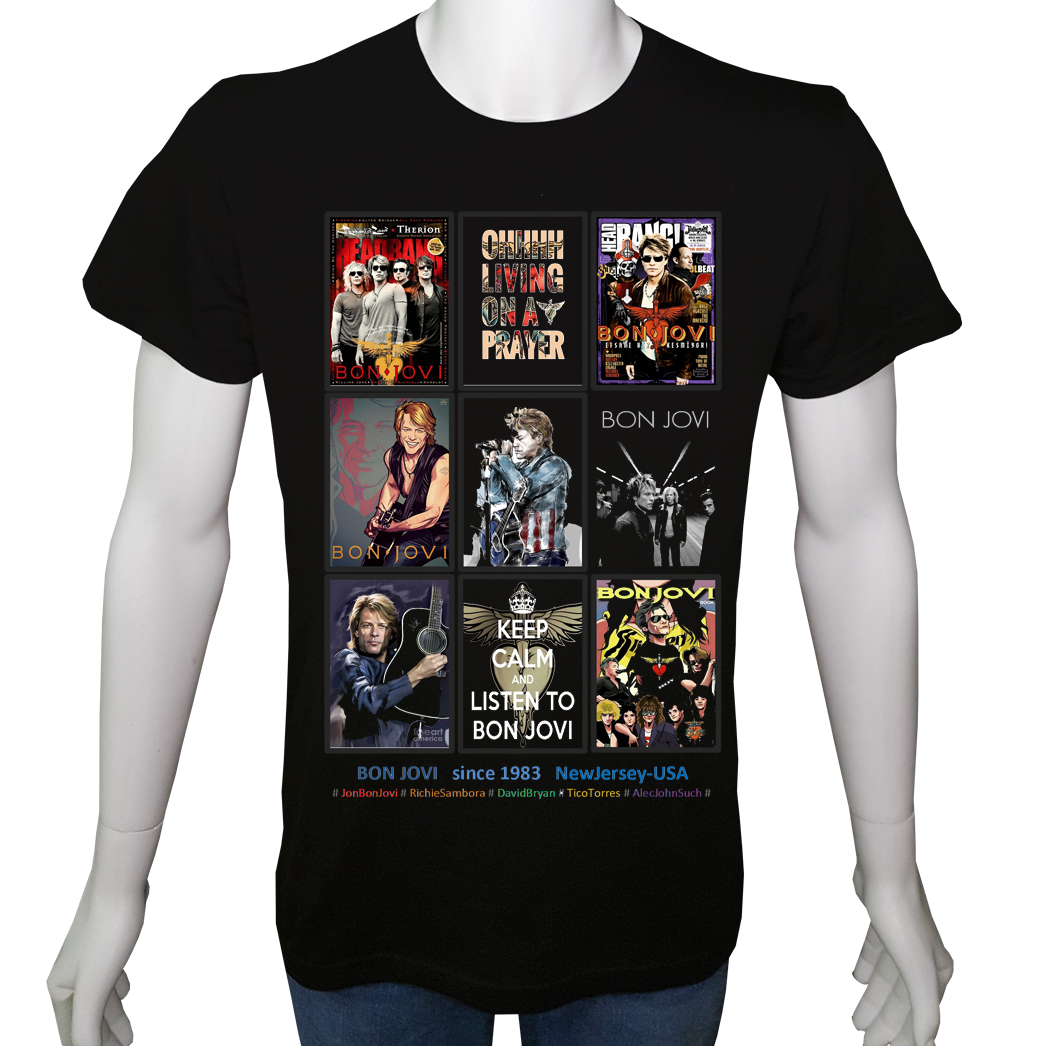 Unisex T-shirt Siyah 'Müzik/BonJovi1' 2Baskılı