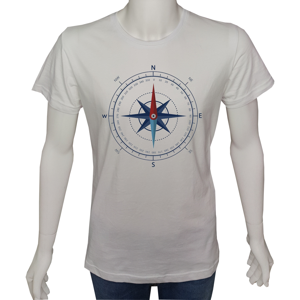 Unisex T-shirt Beyaz 'Kamp&Macera / Pusula3' Baskılı