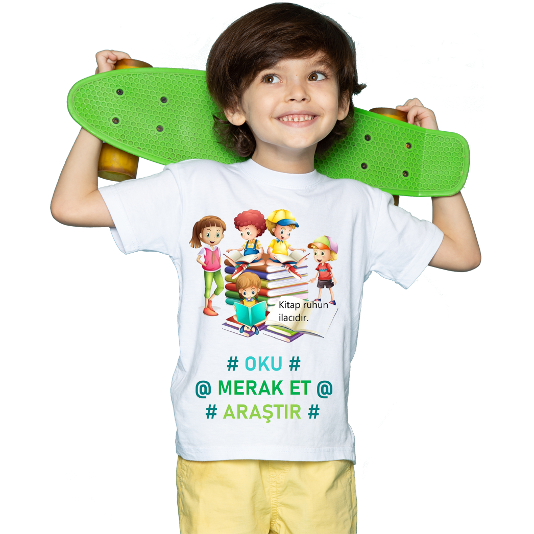 Çocuk T-shirt Beyaz 'Kitap1' Baskılı