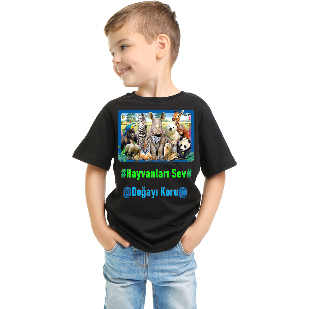 Çocuk T-shirt Siyah 'Hayvanlar2' Baskılı
