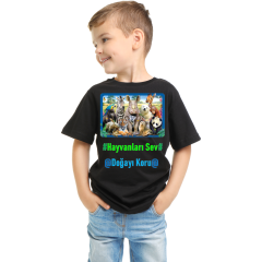 Çocuk T-shirt Siyah 'Hayvanlar2' Baskılı