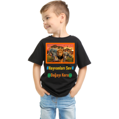 Çocuk T-shirt Siyah 'Hayvanlar3' Baskılı