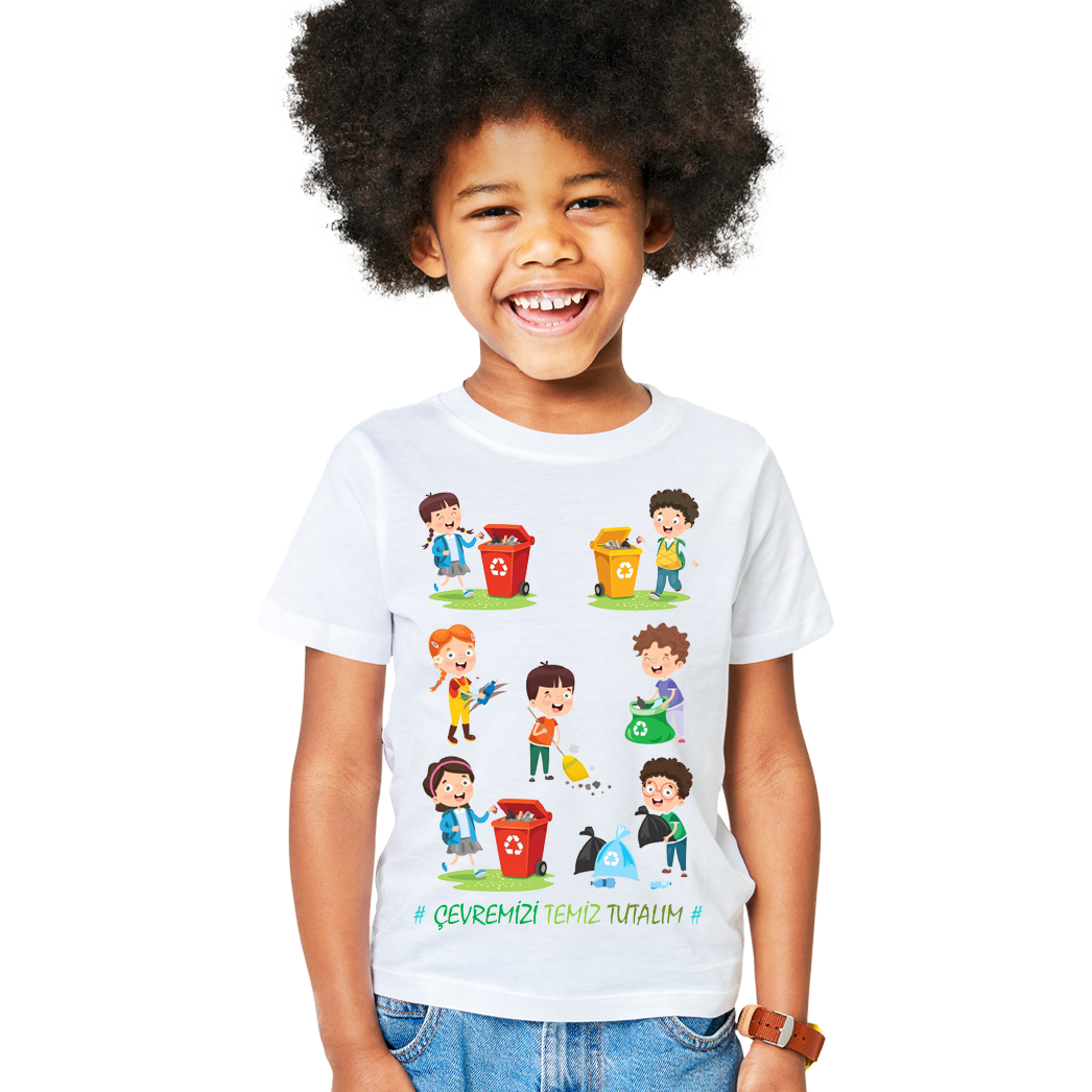 Çocuk T-shirt Beyaz 'Çevremizi temiz tutalım2' Baskılı