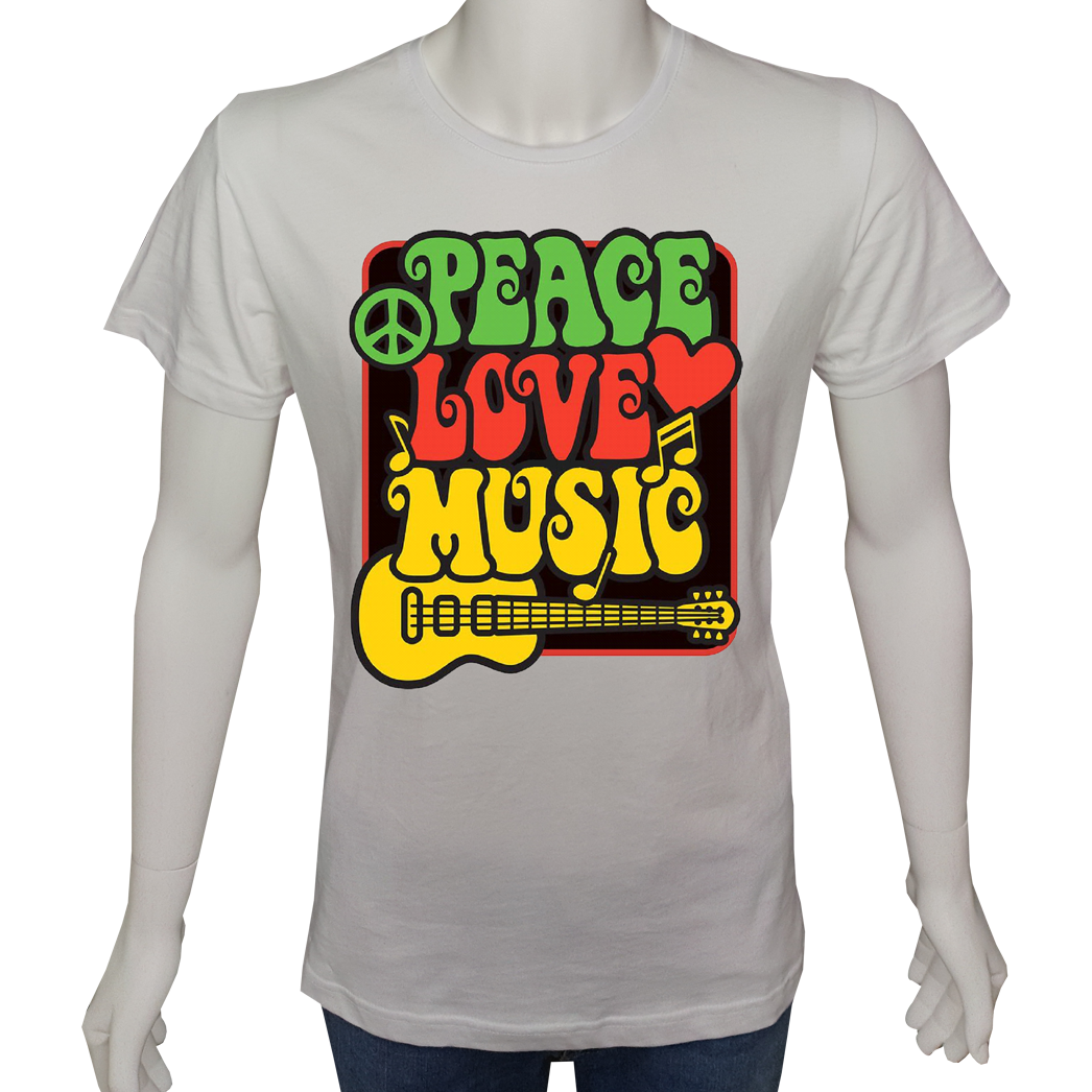 Unisex T-shirt Beyaz 'PopArt / BarışSevgiMüzik' Baskılı